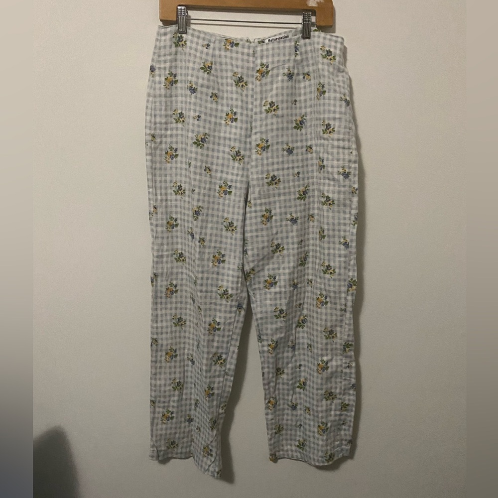 Reformation Gingham Linen Flower Pants / 10
